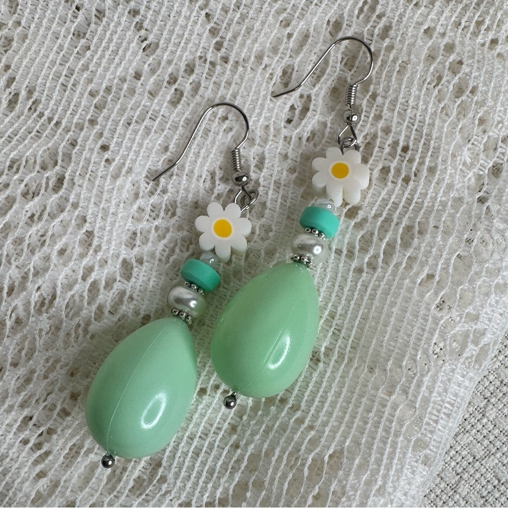 Handmade Mint Green Easter Egg Daisy Dangle Earrings 2.5” | Spring Jewelry - Picture 3 of 7